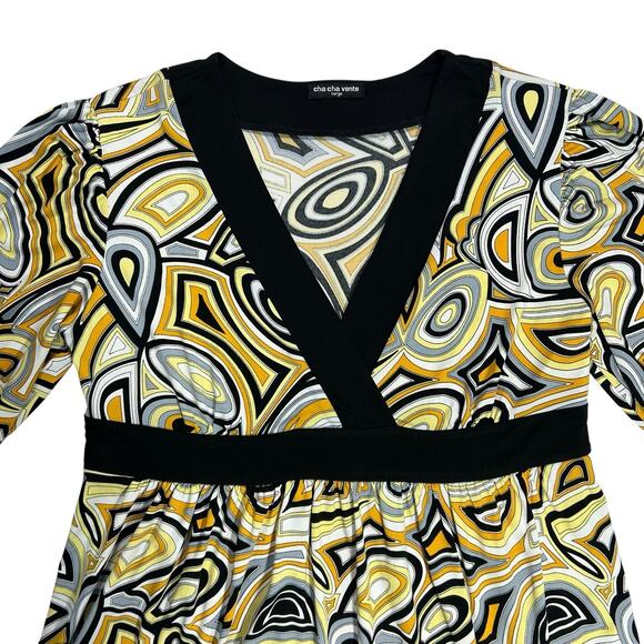 Y2k Geometric babydoll Shirt Top Sz L deep V Neck Yellow Retro Mod 70s indie - Picture 2 of 9
